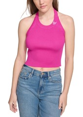 Calvin Klein Jeans Women's Ribbed Embroidered-Logo Cropped Halter Top - Orchid/white