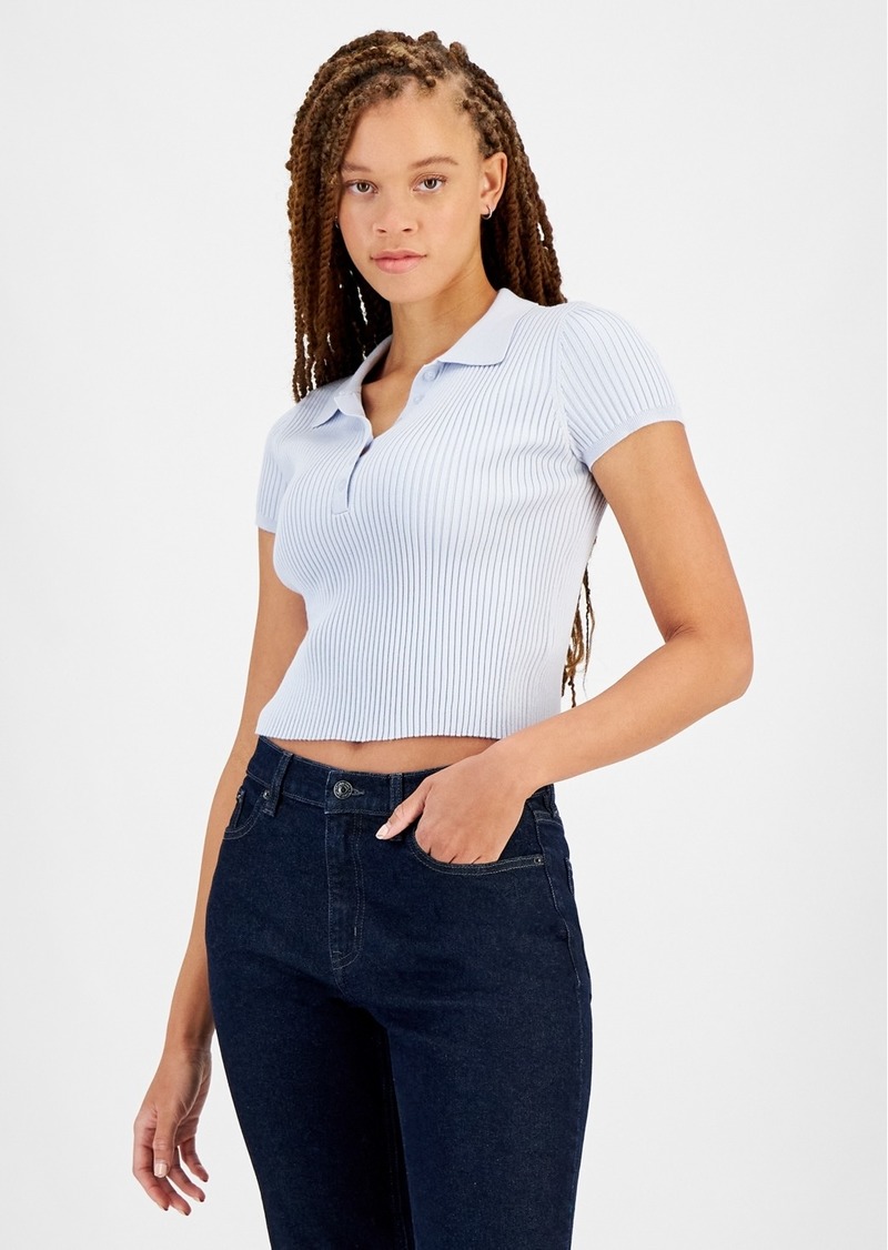 Calvin Klein Jeans Women's Ribbed Quarter-Button Polo Shirt - Powder Blue