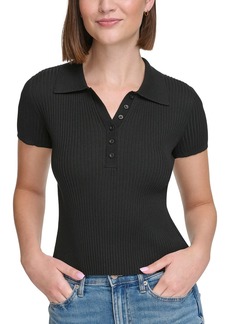 Calvin Klein Jeans Women's Ribbed Quarter-Button Polo Shirt - Black
