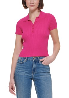 Calvin Klein Jeans Women's Ribbed Quarter-Button Polo Shirt - Electric Pink
