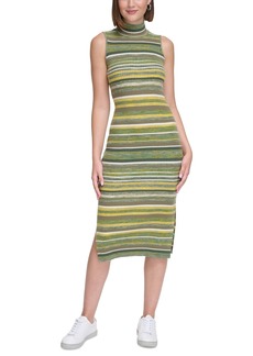 Calvin Klein Jeans Women's Spacedye Stripe Mock-Neck Bodycon Dress - Dusky Green Combo