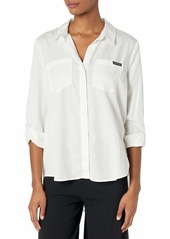 Calvin Klein Jeans Women's Split Hem Button Down Shirt with ROLL TAB Sleeves  Xtra Small