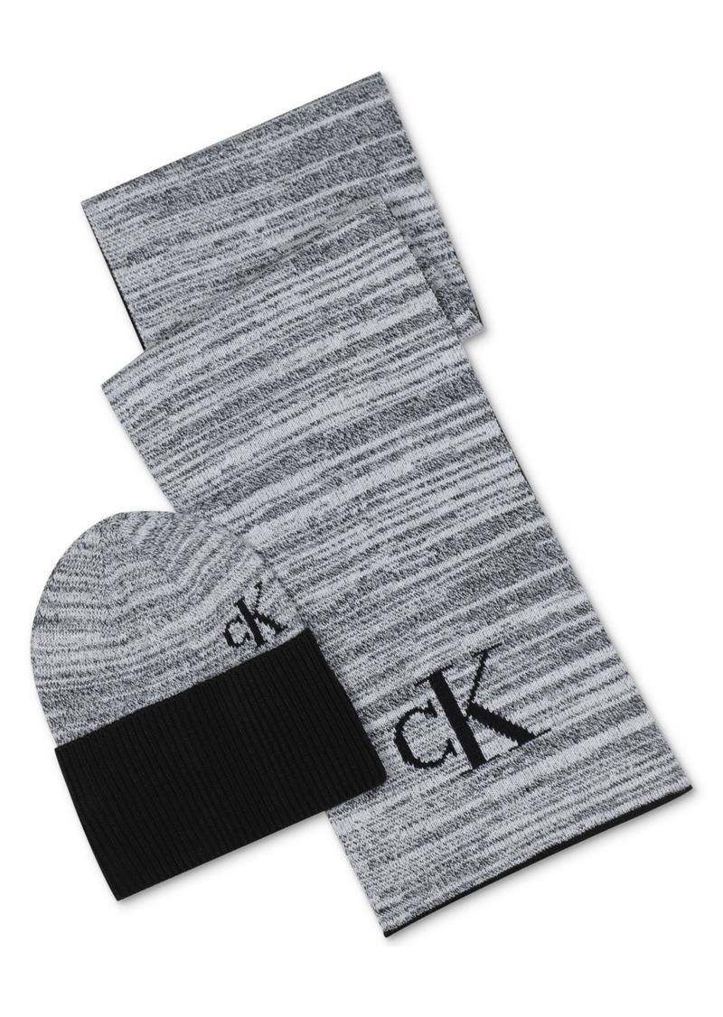 Calvin Klein Men's Marled Scarf & Beanie Hat Gift Set - Gray/ Black