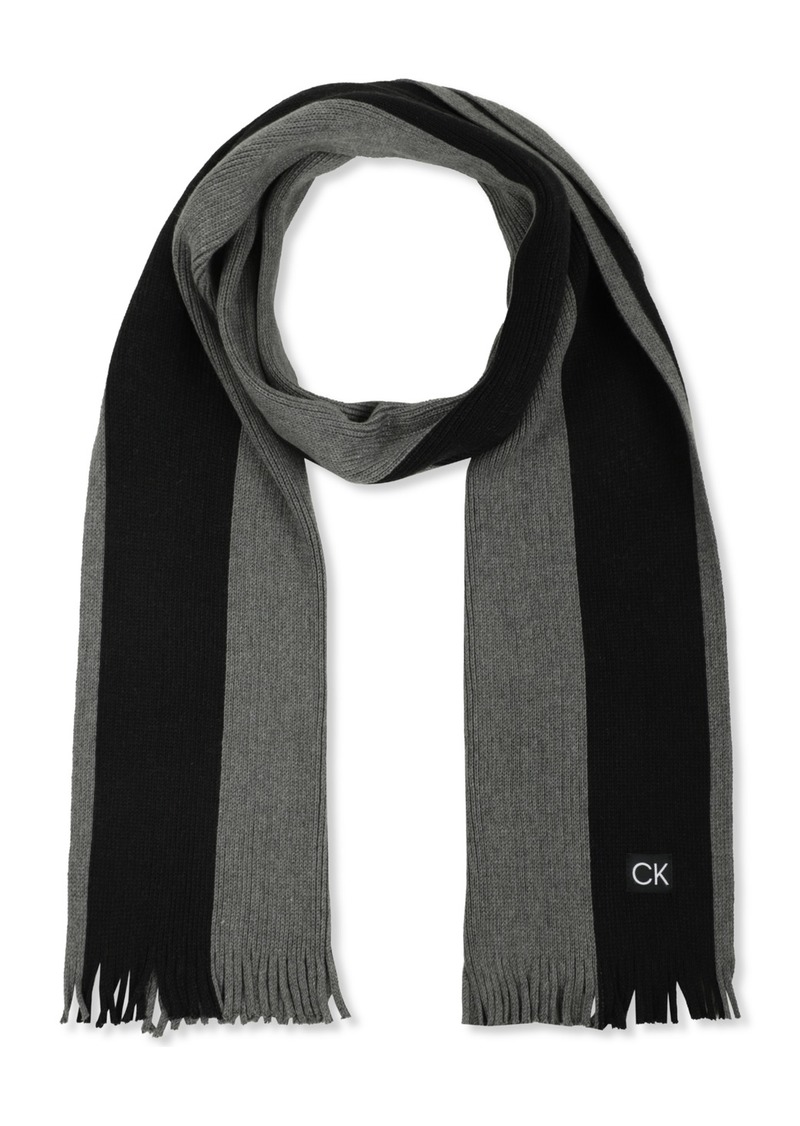 Calvin Klein Men's Thick Wool Blend Side Stripe Logo Scarf - Grey