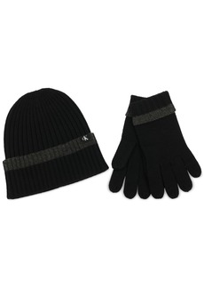 Calvin Klein Men's Tipped Cuffed Beanie & Gloves Set - Black