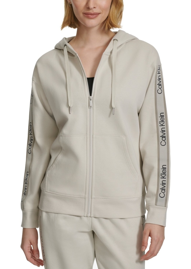 Calvin Klein Performance Women's Fleece Logo Stripe Full Zip Hoodie - Porcini