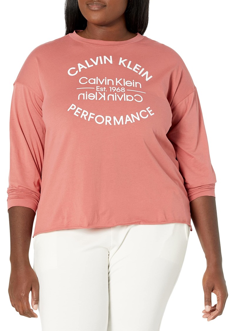 Calvin Klein Performance Women's Plus Size Emblem Calvin Klein Logo Long Sleeve RAW Hem Pullover