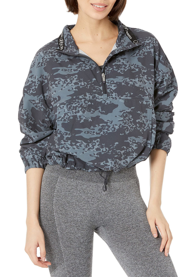 Calvin Klein Performance Women's Print Funnel Collar 1/2 Zip Pullover with Rouched Sleeves Animal CAMO Charcoal XL