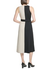 Calvin Klein Petite Colorblocked Belted Scuba Crepe Dress - Black Khaki