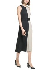 Calvin Klein Petite Colorblocked Belted Scuba Crepe Dress - Black Khaki