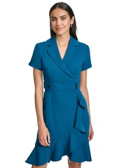 Calvin Klein Petite Faux-Wrap Ruffled A-Line Dress - Cypress