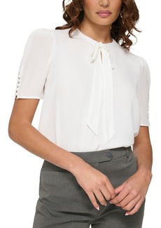 Calvin Klein Petite Short-Sleeve Tie-Neck Top - Cream