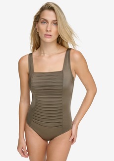 Calvin Klein Pleated One-Piece Swimsuit,Created for Macy's - Bronze