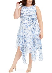 Calvin Klein Plus Size Belted Handkerchief-Hem Midi Dress