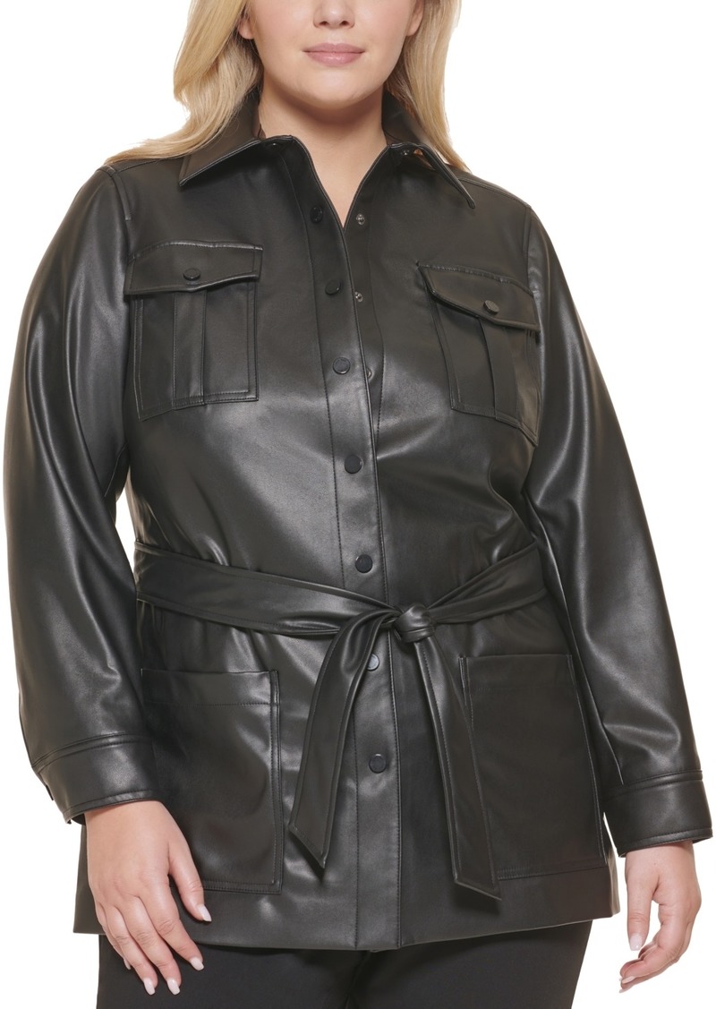 faux leather tie waist jacket