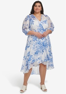 Calvin Klein Plus Size Printed Chiffon Faux-Wrap Dress - Chambray Multi