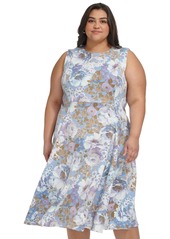 Calvin Klein Plus Size Printed Sleeveless Fit & Flare Dress - Serene Multi