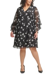 Calvin Klein Plus Size Printed V-Neck Chiffon Shift Dress - Black Cream