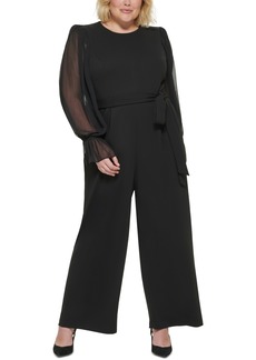 Calvin Klein Plus Size Sheer-Sleeve Wide-Leg Jumpsuit - Black/Black