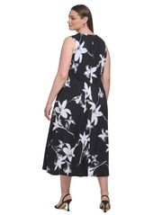 Calvin Klein Plus Size V-Neck Jersey Sleeveless A-Line Dress - Black Multi