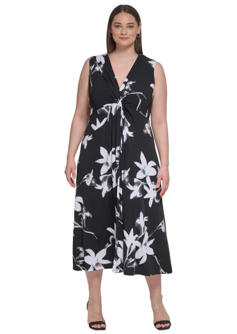 Calvin Klein Plus Size V-Neck Jersey Sleeveless A-Line Dress - Black Multi