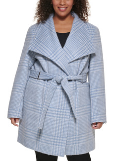 Calvin Klein Women's Plus Size Asymmetrical Belted Wrap Coat, Created for Macy's - Blue/White Houndstooth