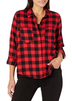 Calvin Klein Women Everyday Large Buffalo Plaid Split Back Button Cown with Roll Tab Sleeve FIRE RED
