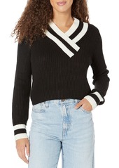 Calvin Klein Women Striped V Neck Cropped Sweater Black/MASCARPONE