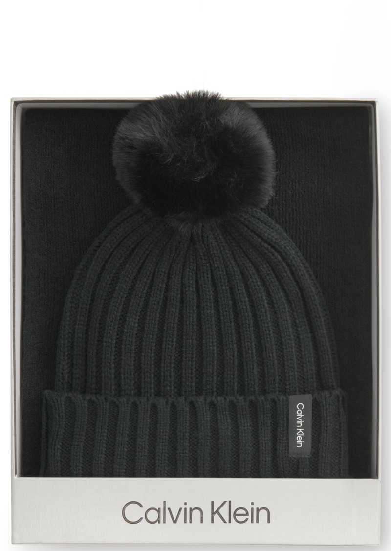 Calvin Klein Women's 2-Pc. Faux-Fur Pom Beanie & Scarf Boxed Gift Set - Black