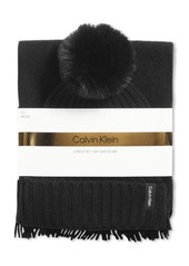 Calvin Klein Women's 2-Pc. Faux-Fur Pom Beanie & Scarf Boxed Gift Set - Black