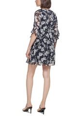 Calvin Klein Women's 3/4-Sleeve Printed Chiffon Dress - Indigo Cream