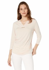 Calvin Klein Women's 3/4 Sleeve Top with Ruching and Bar Hardware