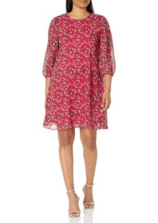 Calvin Klein Women's A-Line Dress with Sheer Sleeves hibiscus multi