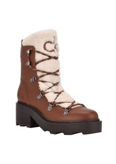Calvin Klein Women's Alaina Heeled Lace Up Cozy Lug Sole Winter Cold Weather Boots - Luggage/Natural Leather