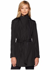 Calvin Klein Women's Asytmetrical Zip rain Coat with Removable Belt and Hood