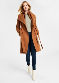 Calvin Klein Womens Wool Blend Belted Wrap Coat, Created for Macys - Dark Camel