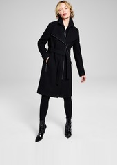 Calvin Klein Womens Wool Blend Belted Wrap Coat, Created for Macys - Black Plaid