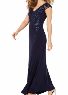 Calvin Klein Women's Cap Sleeve V Neck Gown with Floral Applique Dress