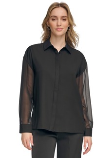 Calvin Klein Women's Chiffon Sleeve Button Down Blouse - Black