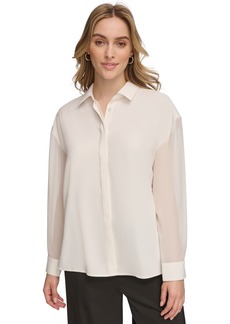 Calvin Klein Women's Chiffon Sleeve Button Down Blouse - Soft White