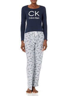 Calvin Klein Women's Comfort Fleece Long Sleeve Sleepwear Set Top: Shoreline/Pant: Confetti Hearts+Shoreline