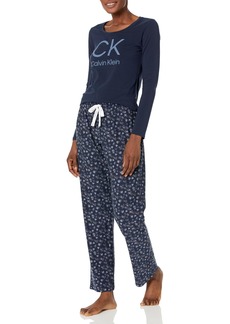 Calvin Klein Women's Comfort Fleece Long Sleeve Sleepwear Set Top: Shoreline/Pant: Overlap Hearts Small+Shoreline