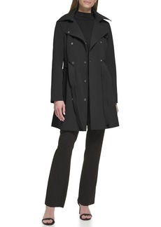 Calvin Klein Women's Double Breasted Belted Rain Jacket with Removable Hood  L