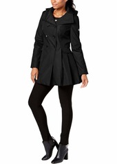 Calvin Klein Women's Double Breated rain Coat with Pleated Skirt and Detachable Hood