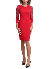 Calvin Klein Women's Embellished 3/4-Sleeve Sheath Dress - Medium Red