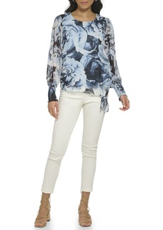 Calvin Klein Women's Everyday with Smocking Printed Knot Hem Blouse