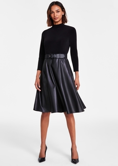 Calvin Klein Women's Faux-Leather-Skirt A-Line Dress - Black