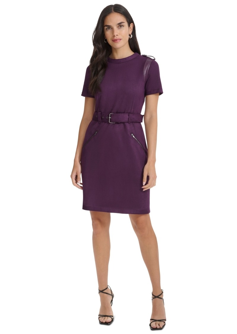 Calvin Klein Women's Faux-Suede Belted Epaulet Dress - Aubergine