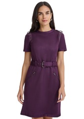 Calvin Klein Women's Faux-Suede Belted Epaulet Dress - Aubergine