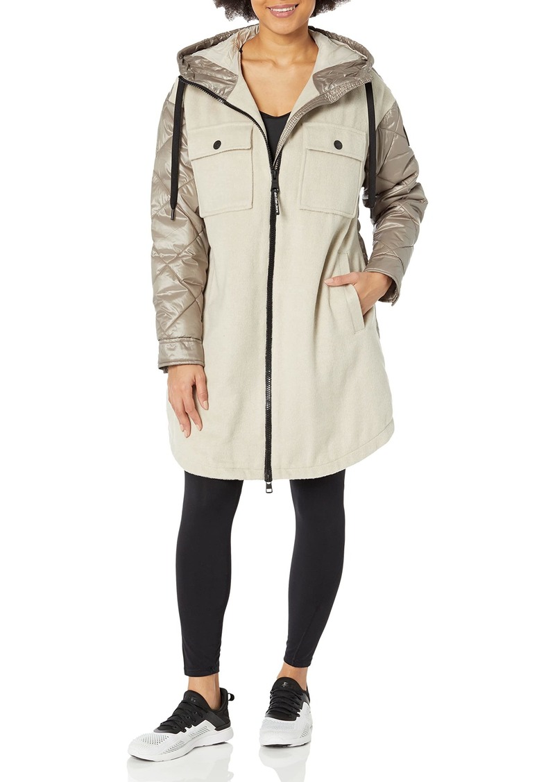Calvin Klein Women's Faux Wool Mix Coat with Quilted Back and Sleeves Zip Front Hooded Jacket